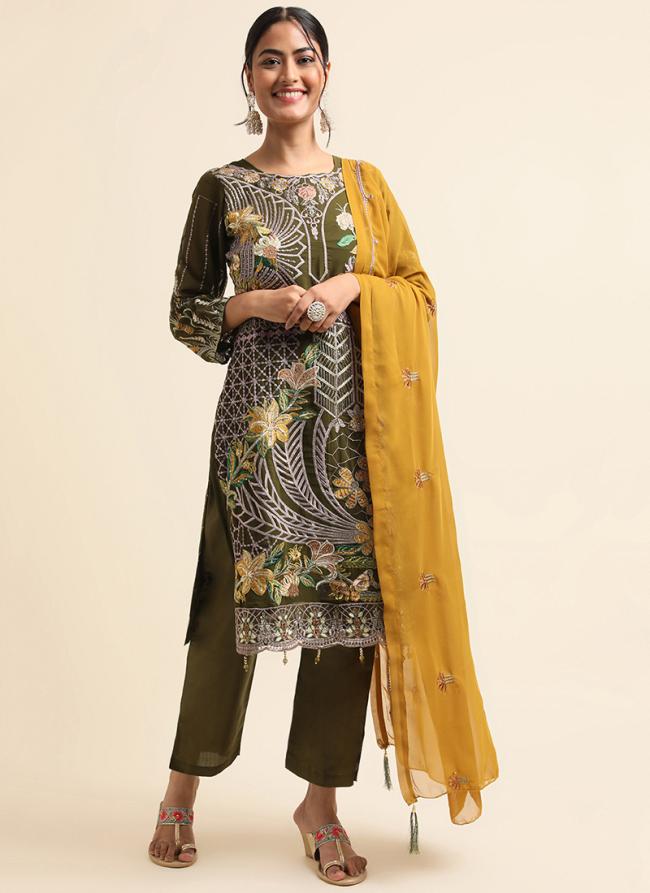 Faux Georgette Brown Traditional Wear Zari Work Straight Suit